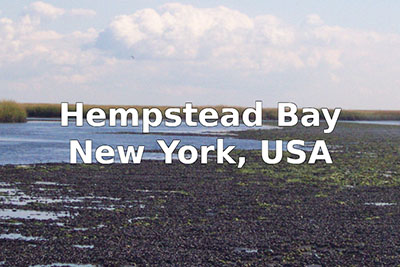 Image of coastal area with text Hempstead Bay, New York, USA.
